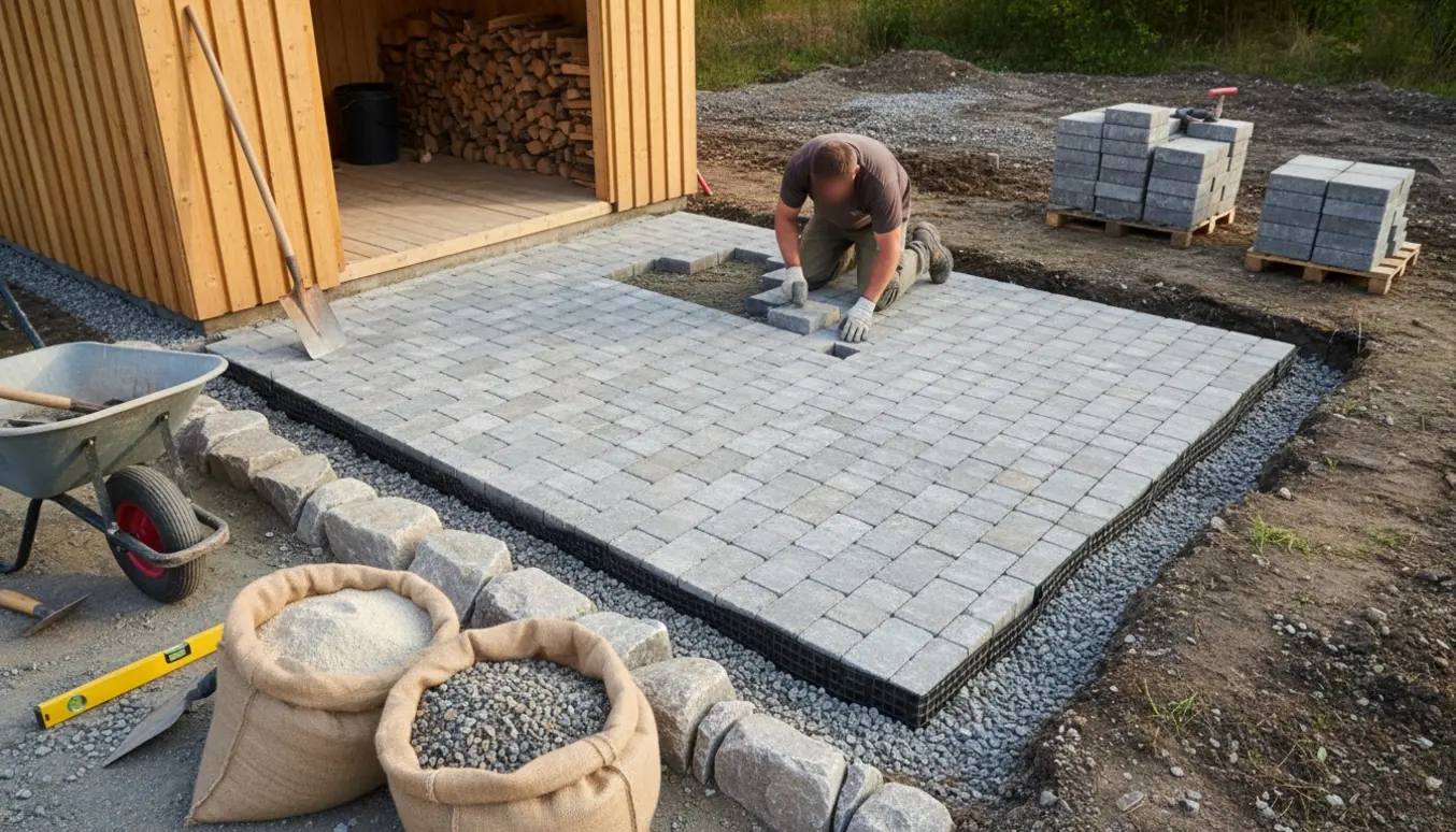 En person lægger herregårdssten i et lille udvidet brændeskur med grus, værktøj og platonplader langs kanten.