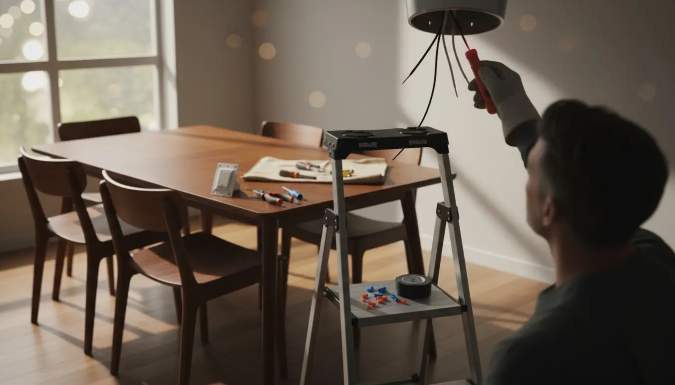 Elektriker tester ledninger i et åbent lofts lampeudtag i en spisestue med værktøj og en ny afbryder klar.