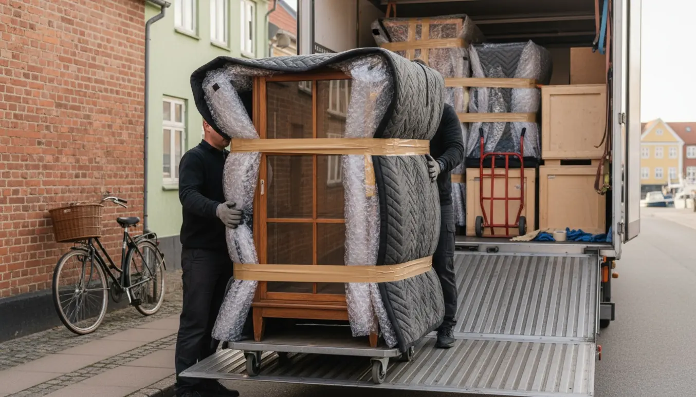 En vitrine pakket i flyttetæpper trækkes ud af en åben flyttebil på en rolig dansk gade.