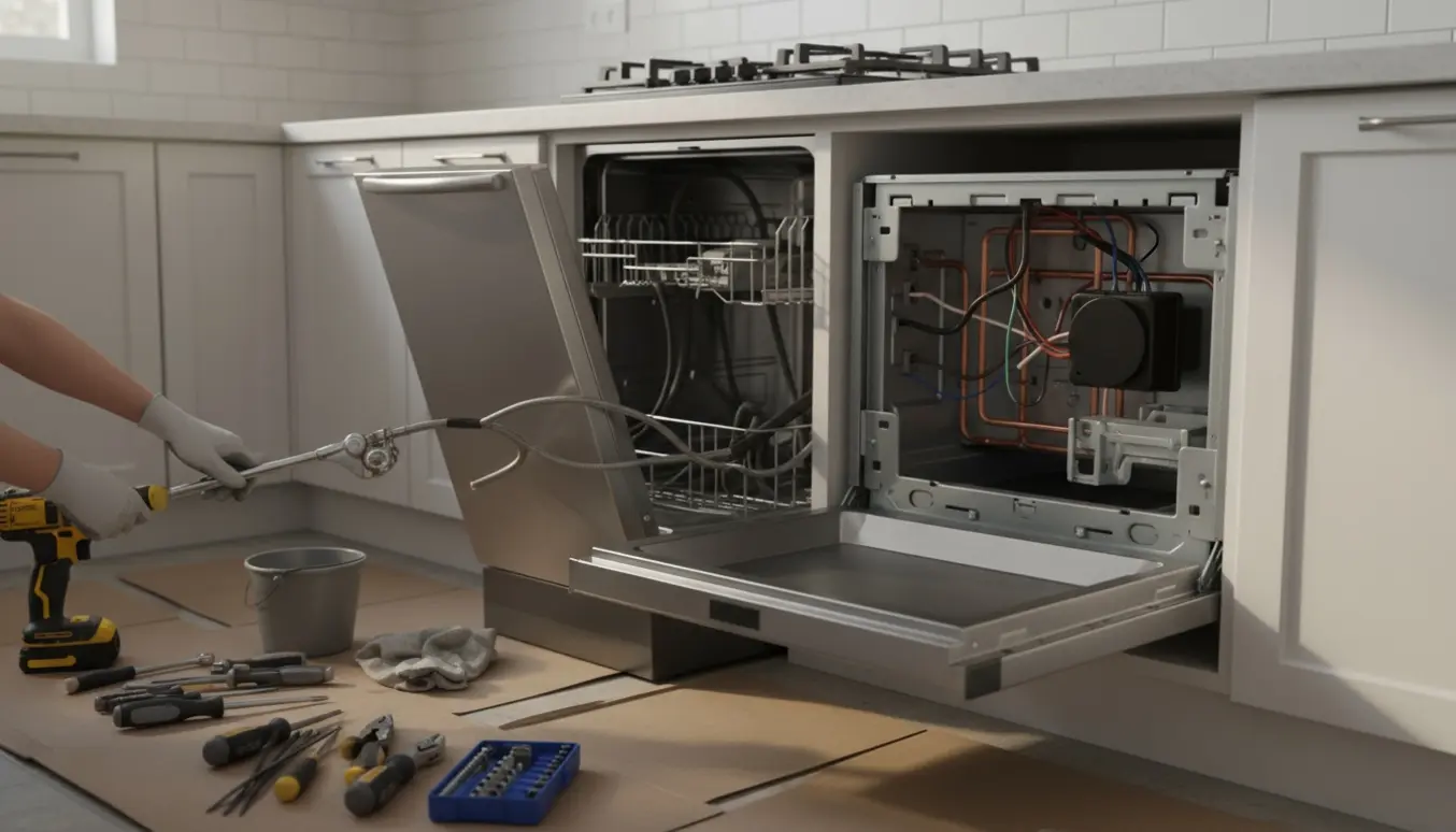 Hænder afmonterer opvaskemaskine, ovn og kogeplade under køkkenrenovering.