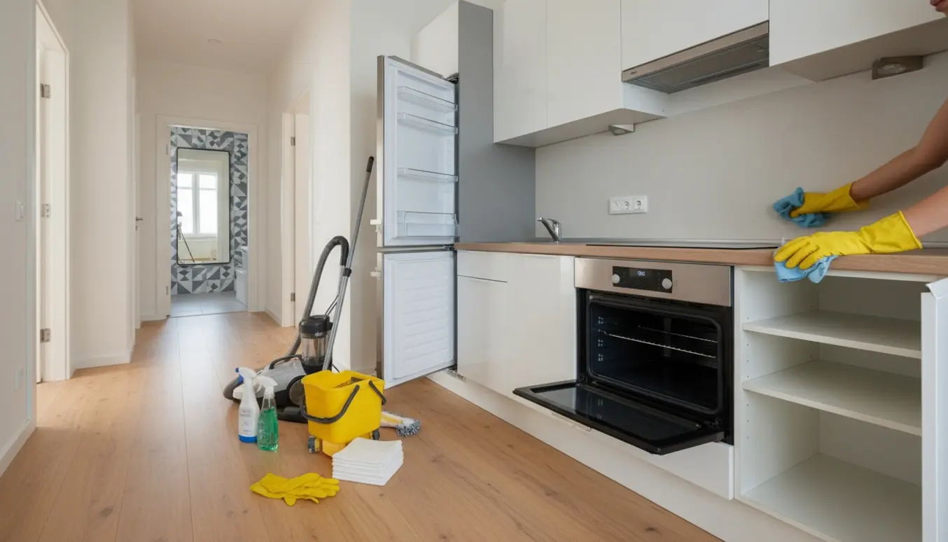 Flytterengøring i en lys lejlighed med hænder, der tørrer et køkkenskab af og rengøringsudstyr i forgrunden.