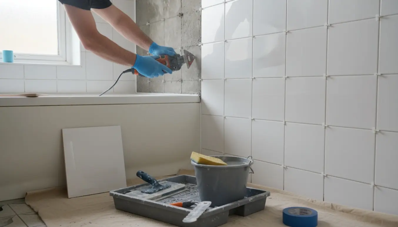 Nærbillede af en badevægsflise 15x15 cm, hvor gamle grå fuger fjernes og nye hvide fuger påføres.