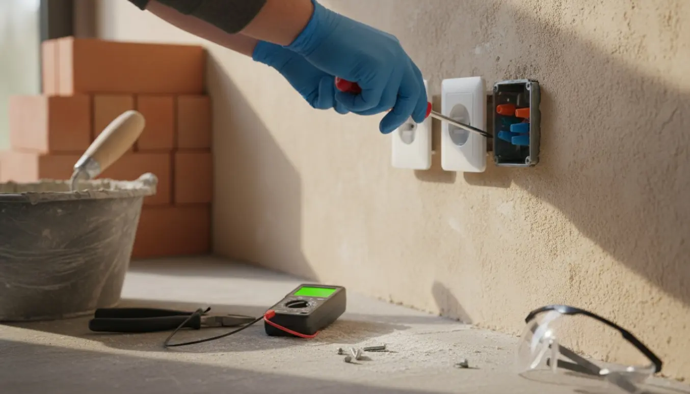Nærbillede af handskerklædte hænder, der fjerner en stikkontakt for at forberede væggen til muring.