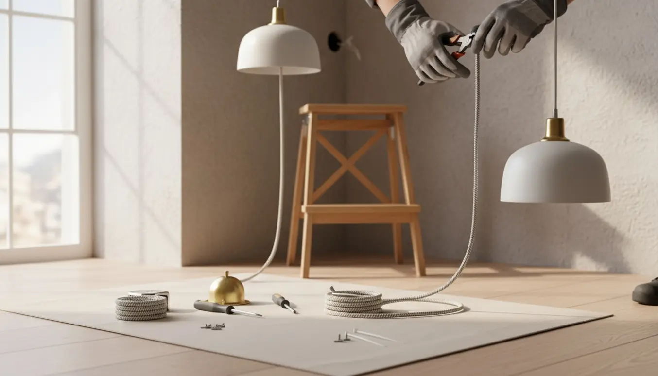 Hænder forlænger en stofledning til to hængelamper i et hjørne af et rum.