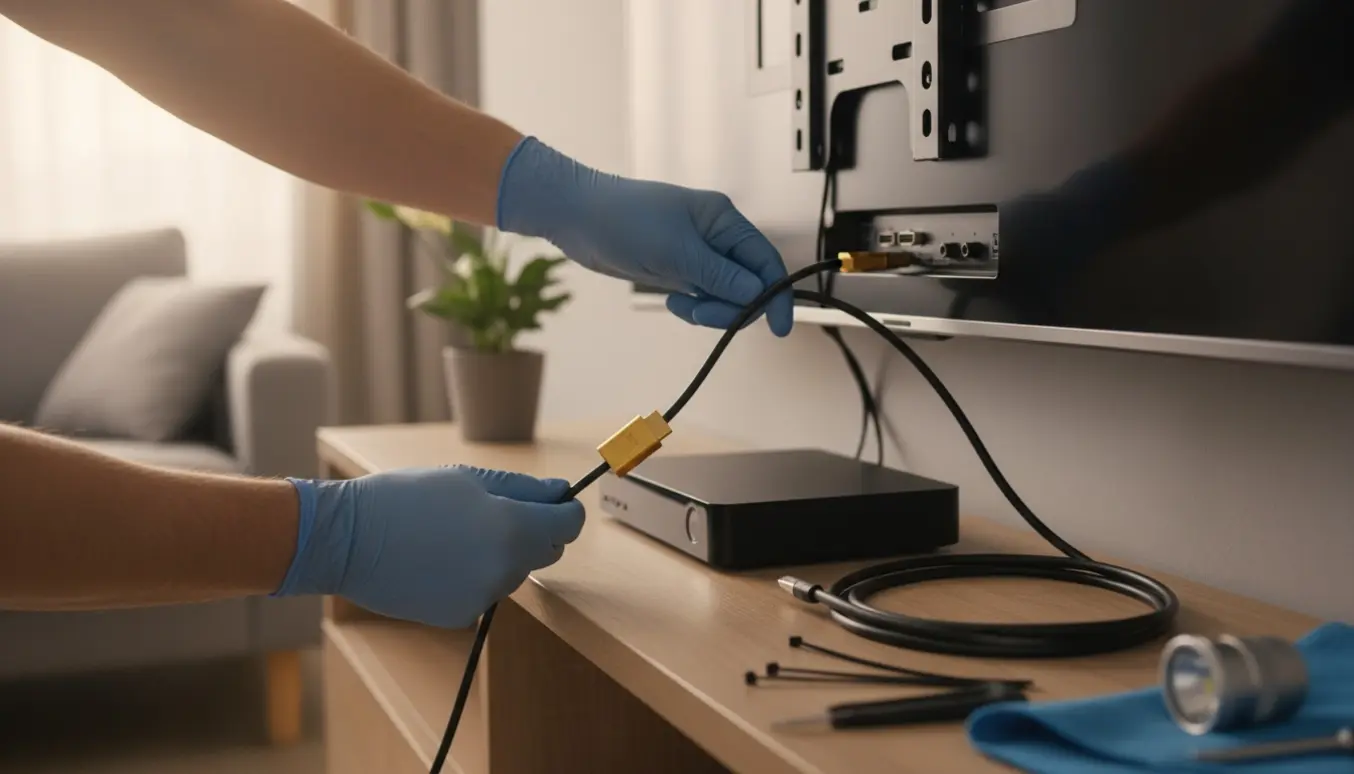 Hænder tilslutter et nyt HDMI-kabel mellem en væghængt fladskærm og en set-top-boks på en hylde.