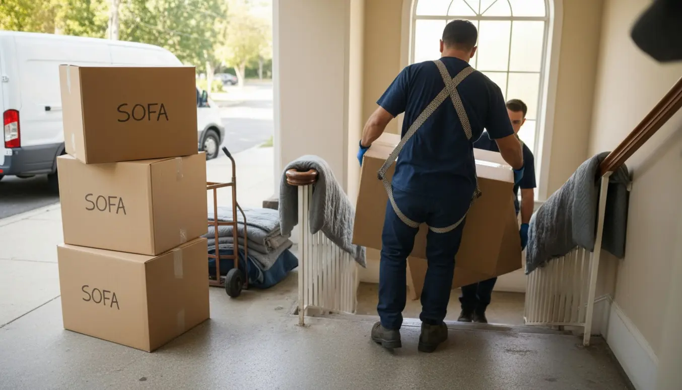 Flyttefolk bærer tre pakkede sofa-delmål op ad trappeopgang mod øvre etager, ansigter ikke synlige.