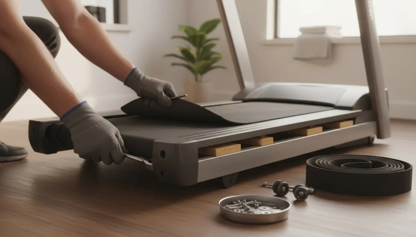Hænder justerer og udskifter et løbebåndsbelte i et lyst hjemmegym med værktøj ved siden af.