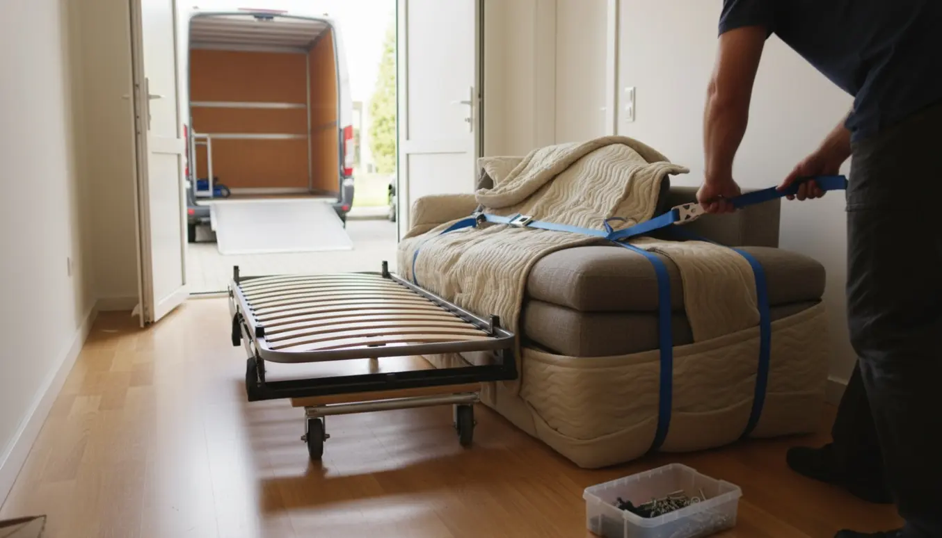 Delvist afmonteret sovesofa pakket i flyttetæpper og læsses på en dolly ved en stueetage med flyttebil i baggrunden.