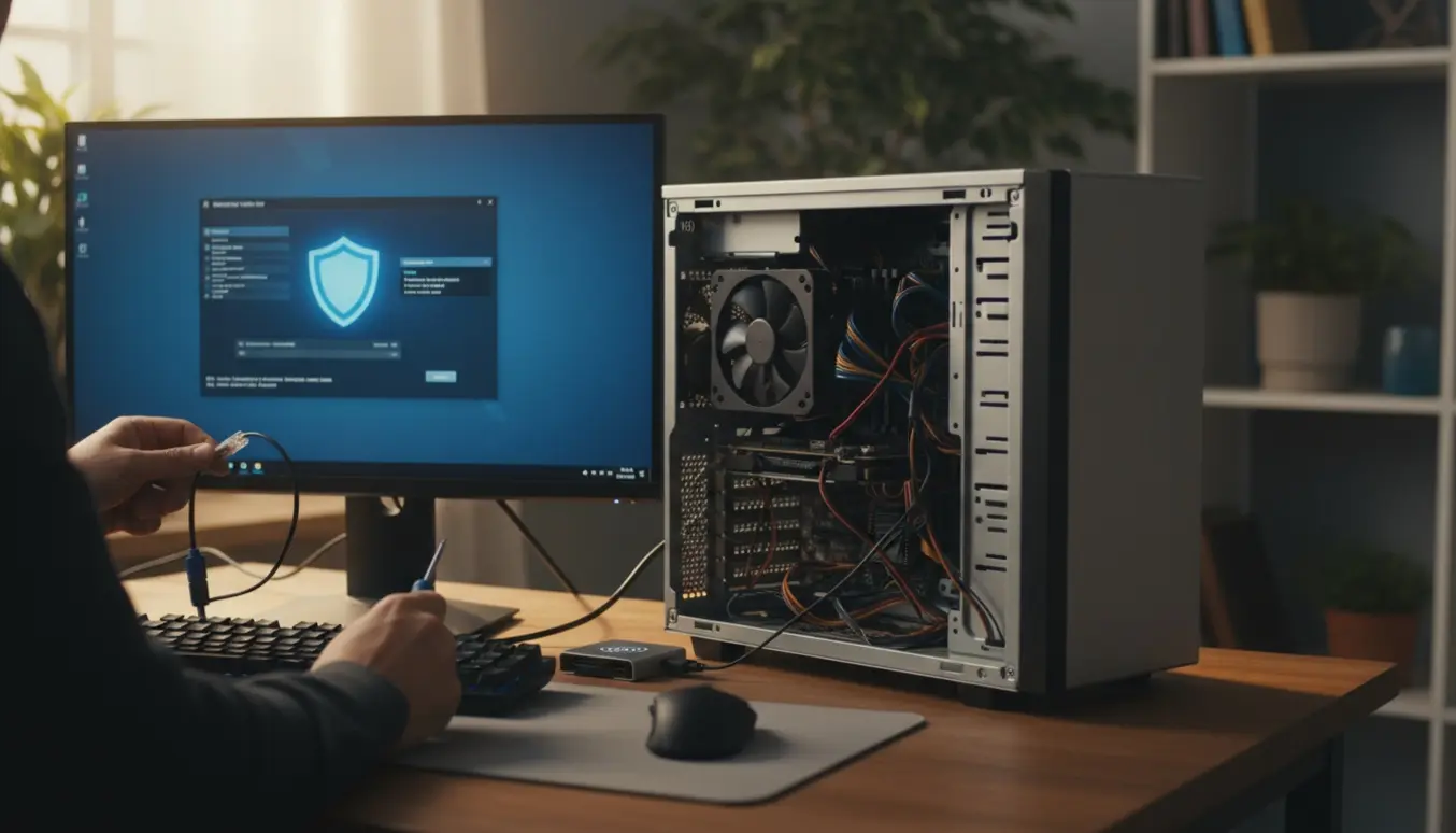 Stationær pc på et skrivebord med åben kabinet, slørede sikkerhedsadvarsler på skærmen og et USB-redningsdrev under fejlsøgning.