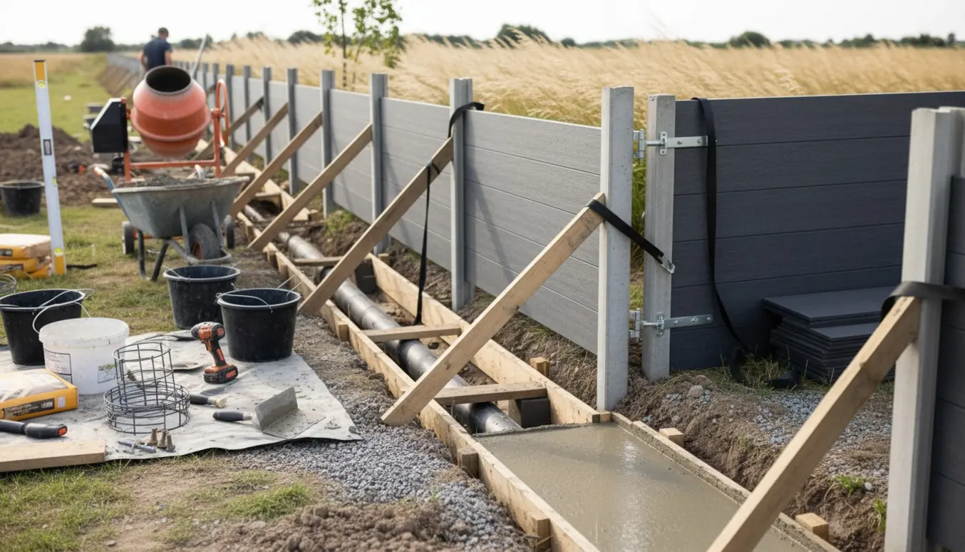 Komposithegn opsættes med betonstolper og kreativ støbning omkring et kloakrør ved en ny hegnsdør.