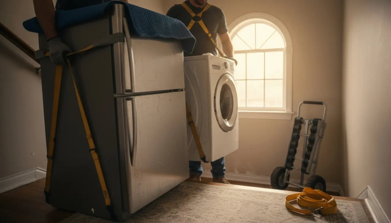 Flyttefolk bærer et køleskab og en vaskemaskine ned ad en trappe fra anden sal, uden tydelige ansigter.