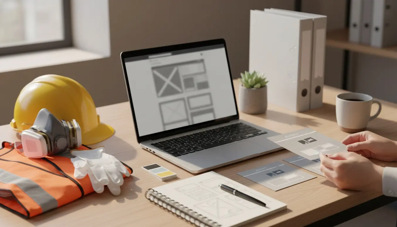 Solbelyst arbejdsbord med laptop, mockups og sikkerhedsudstyr til design af en enkel professionel hjemmeside for et asbestsaneringsfirma.