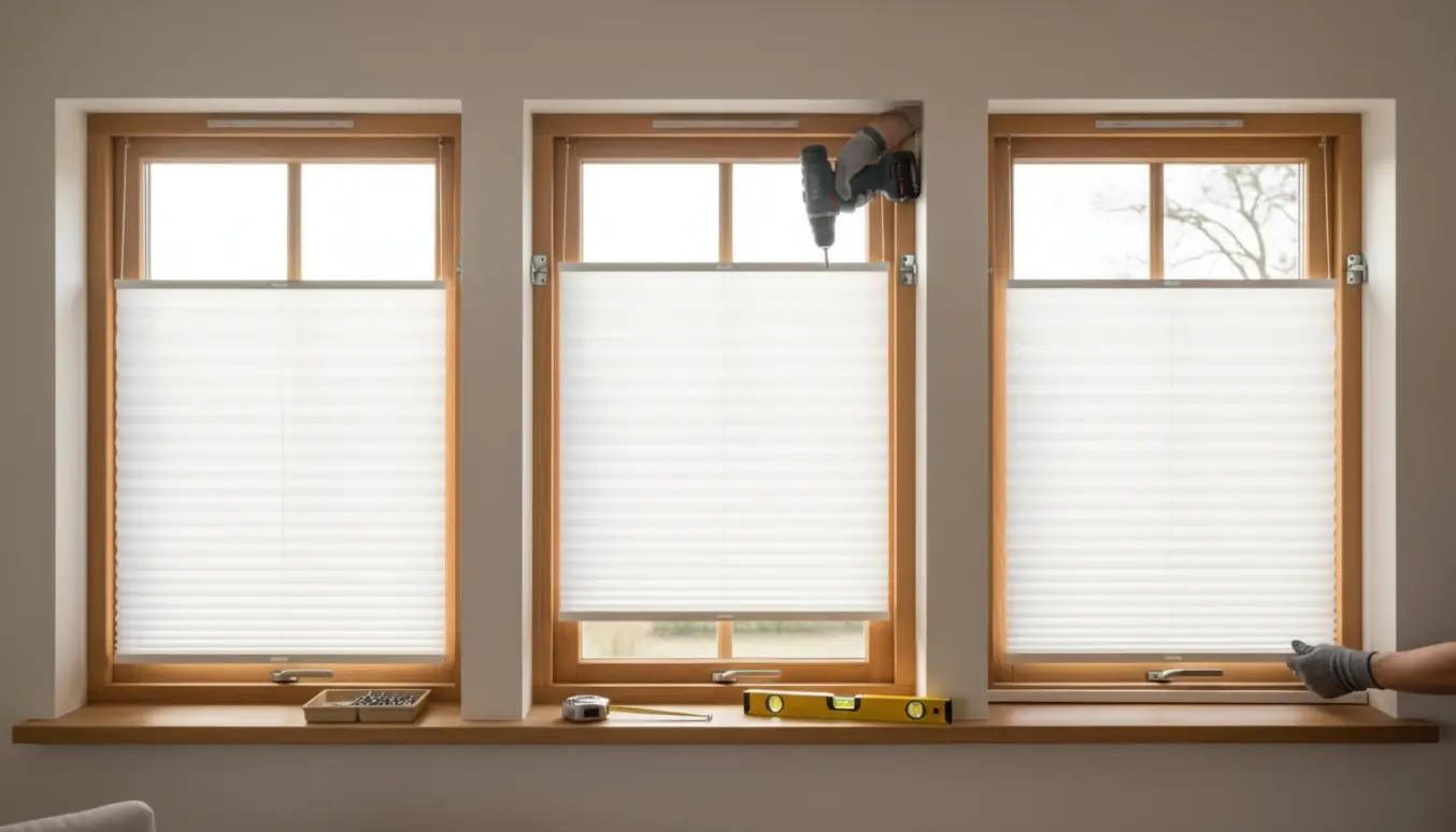 Montage af tre up/down plisségardiner ved vinduer med værktøj og håndværkerhænder i et lyst rum.
