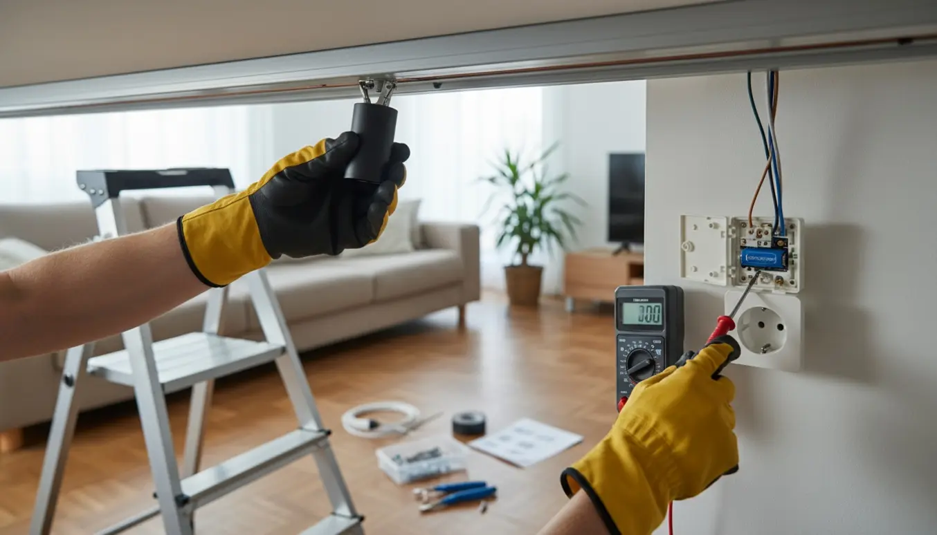 Hænder monterer en pendel i en loftsskinne og reparerer en løs forbindelse på en trådløs stikkontakt.