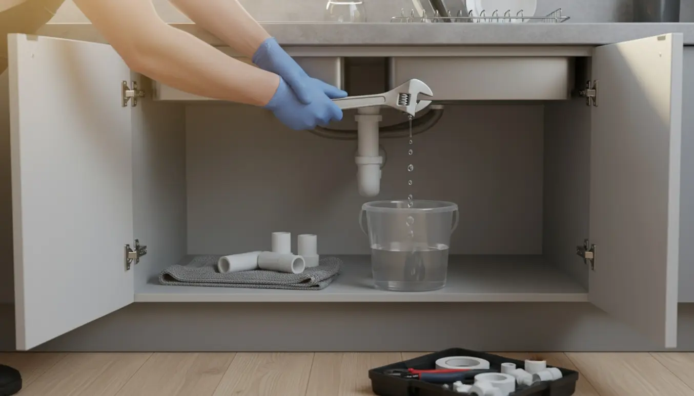 VVS-montør retter en tilstoppet køkkenvask med adskilte afløbsrør og værktøj under vasken.