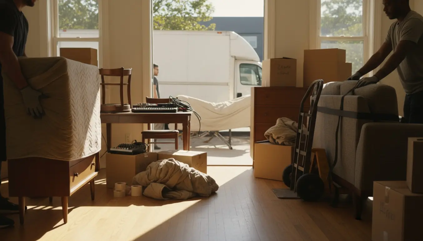 To personer læsser seng, sofa, kommoder, spisebord, musikudstyr og omkring tyve flyttekasser ind i en flyttebil.