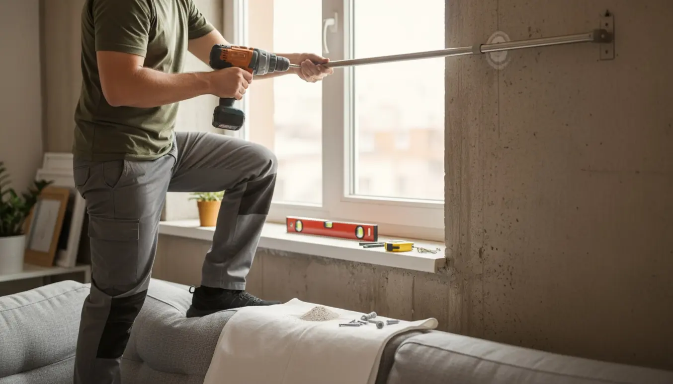 Håndværker står på en sofa og holder en gardinstang på plads mod en betonvæg med boremaskine og rawlplugs klar.