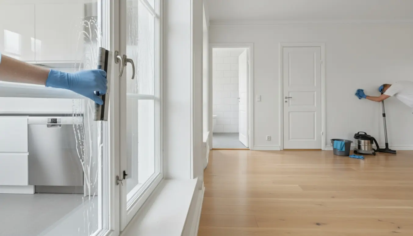 Rene hænder pudser indvendigt Dannebrog-vindue i nyrenoveret lejlighed med nypudset trægulv og hvidt køkken.