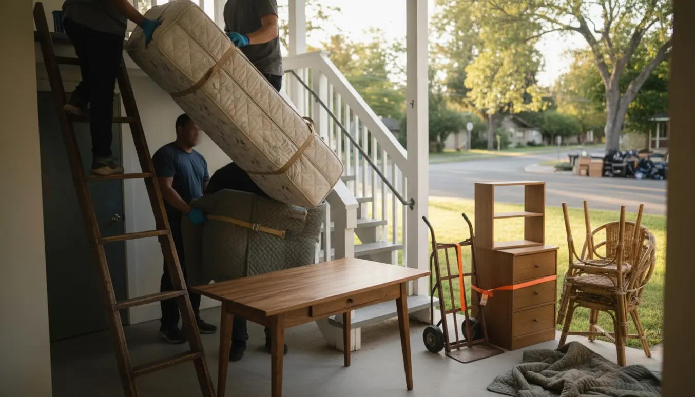 Flyttefolk bærer møbler ned ad en bred udendørs trappe fra en førstesalslejlighed, klar til storskrald.