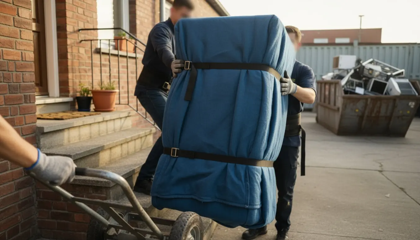 To personer bærer et indpakket køle/fryseskab ned ad en udendørs trappe mod et genbrugsområde.