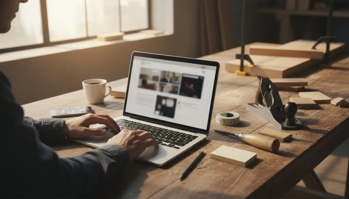Over-shoulder billede af hænder ved en bærbar med website-udkast omgivet af tømrerredskaber i et soloplyst værksted.