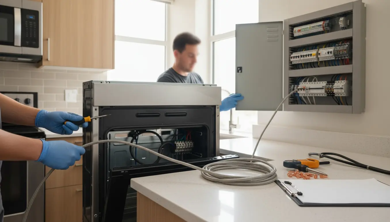 Installatør tilslutter nyt kraftigt elkabel til ovn og el-tavle i et lejlighedskøkken.