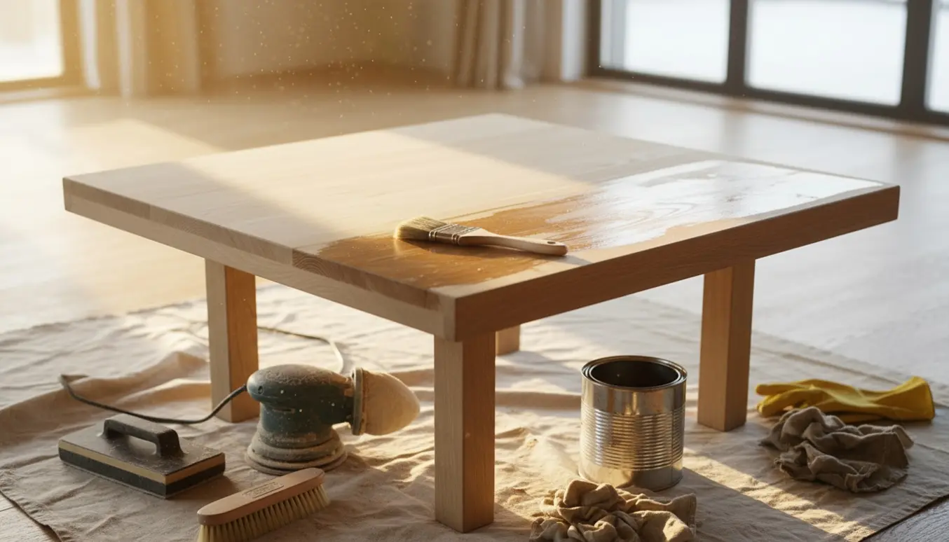 Egetræsbord under renovering med slebet overflade og ujævn oliebehandling, omgivet af sandpapir og malerrulle.