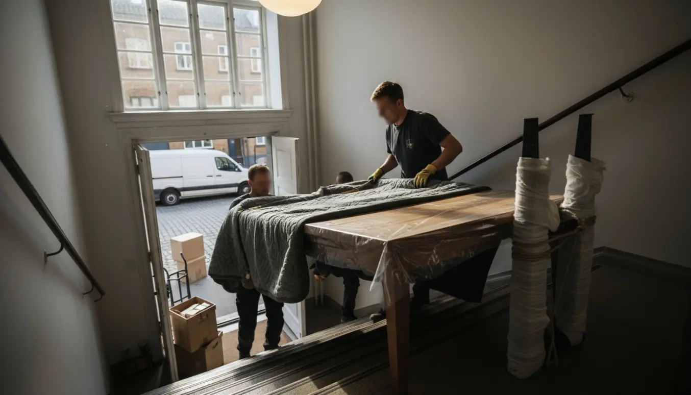 To mand bærer et stort træspisebord pakket ind i flyttetæpper ned ad en trappe.