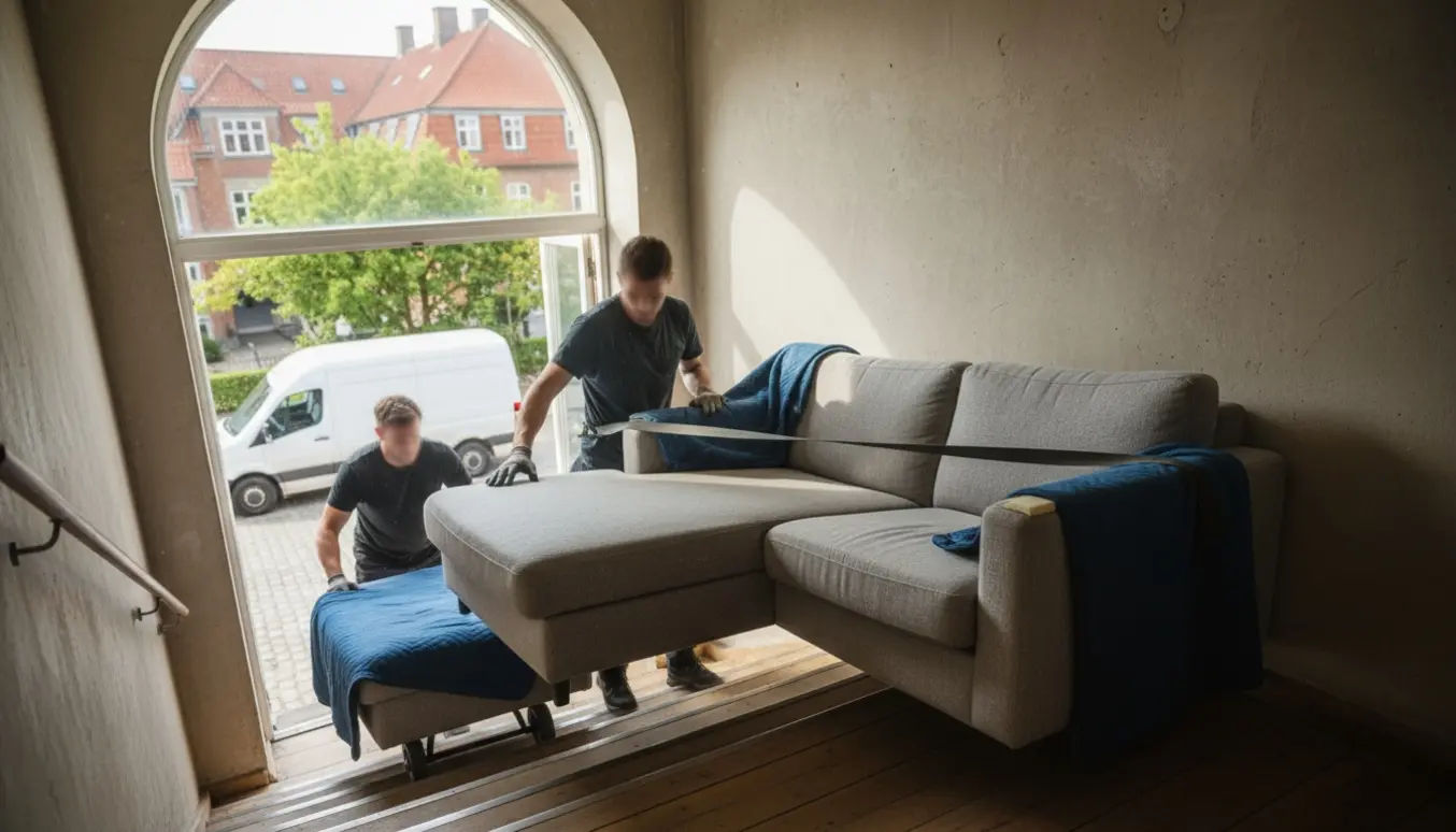 To flyttefolk bærer en todelt sofa med chaiselong ned ad en opgangstrappe mod en ventende varevogn uden logo.