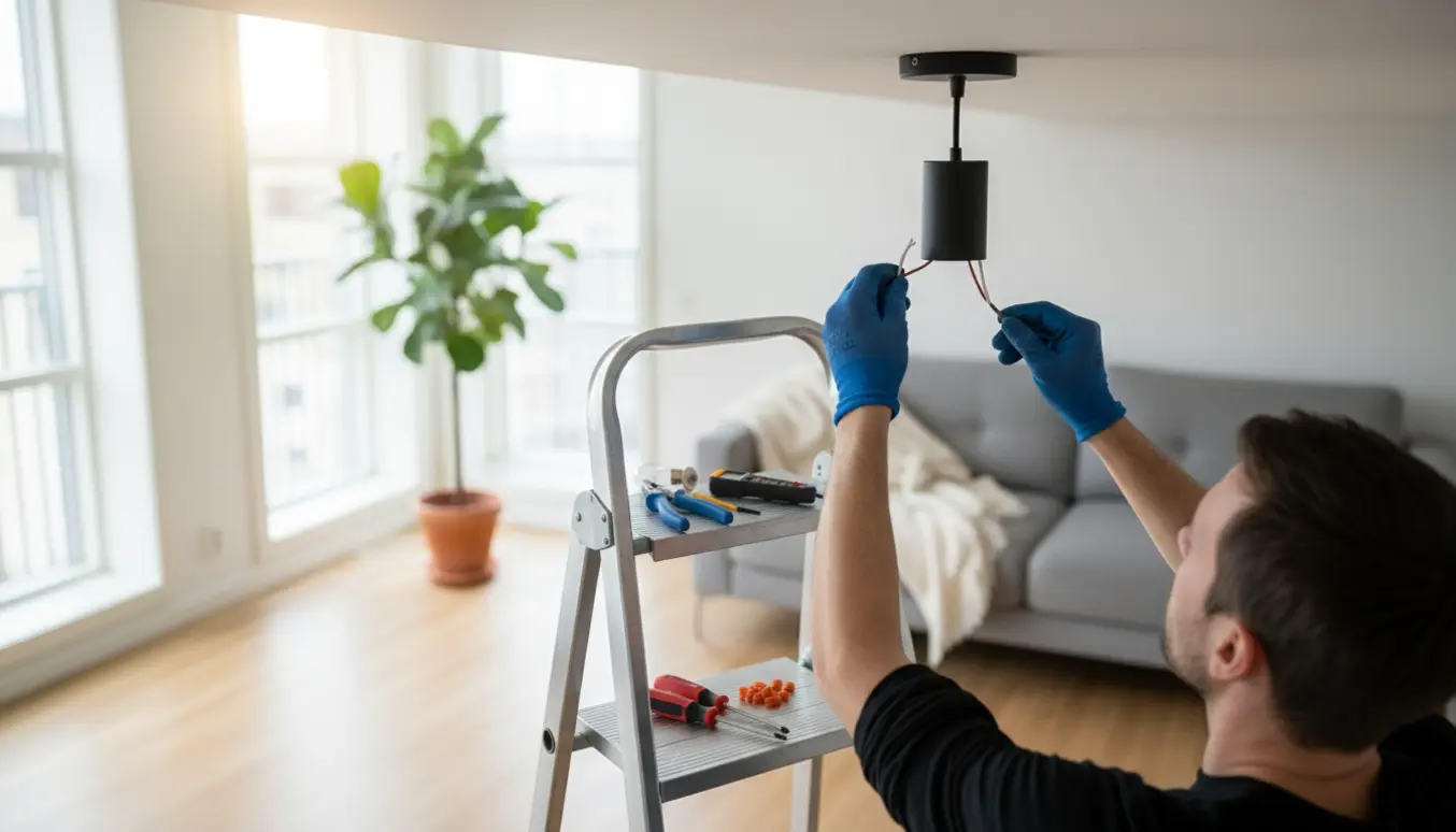 Hænder på en stige monterer en loftlampe i en lys, nordisk stue med værktøj ved siden af.
