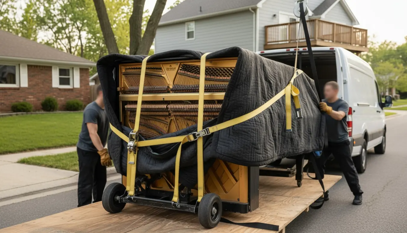 Et klaver med jernramme indpakket i flyttetæpper og sikret med stropper på vej mellem en-etagers og to-etagers hus.