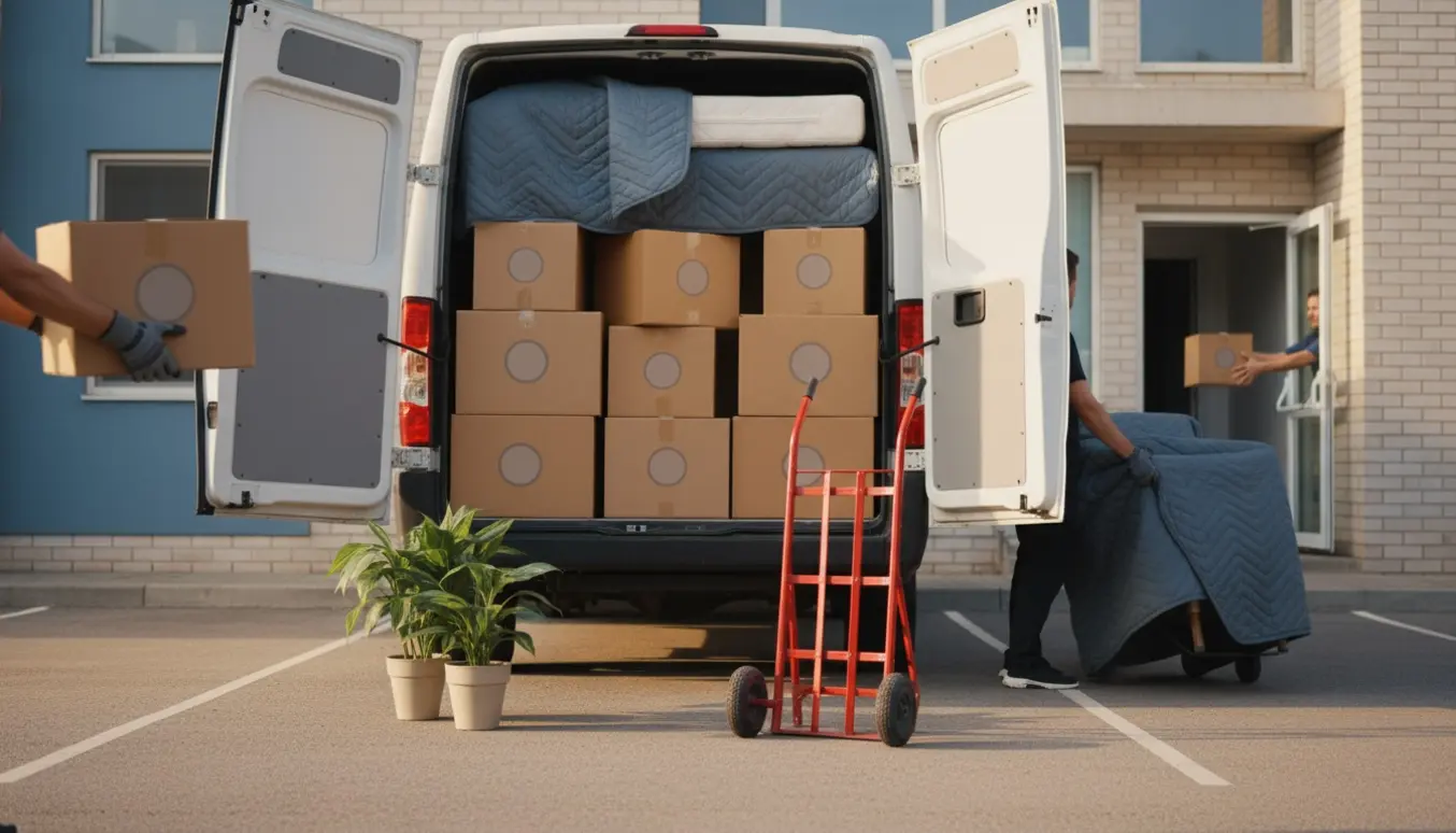 Flyttefolk læsser flyttekasser og møbler i en varevogn foran en lejlighed i varmt eftermiddagslys.