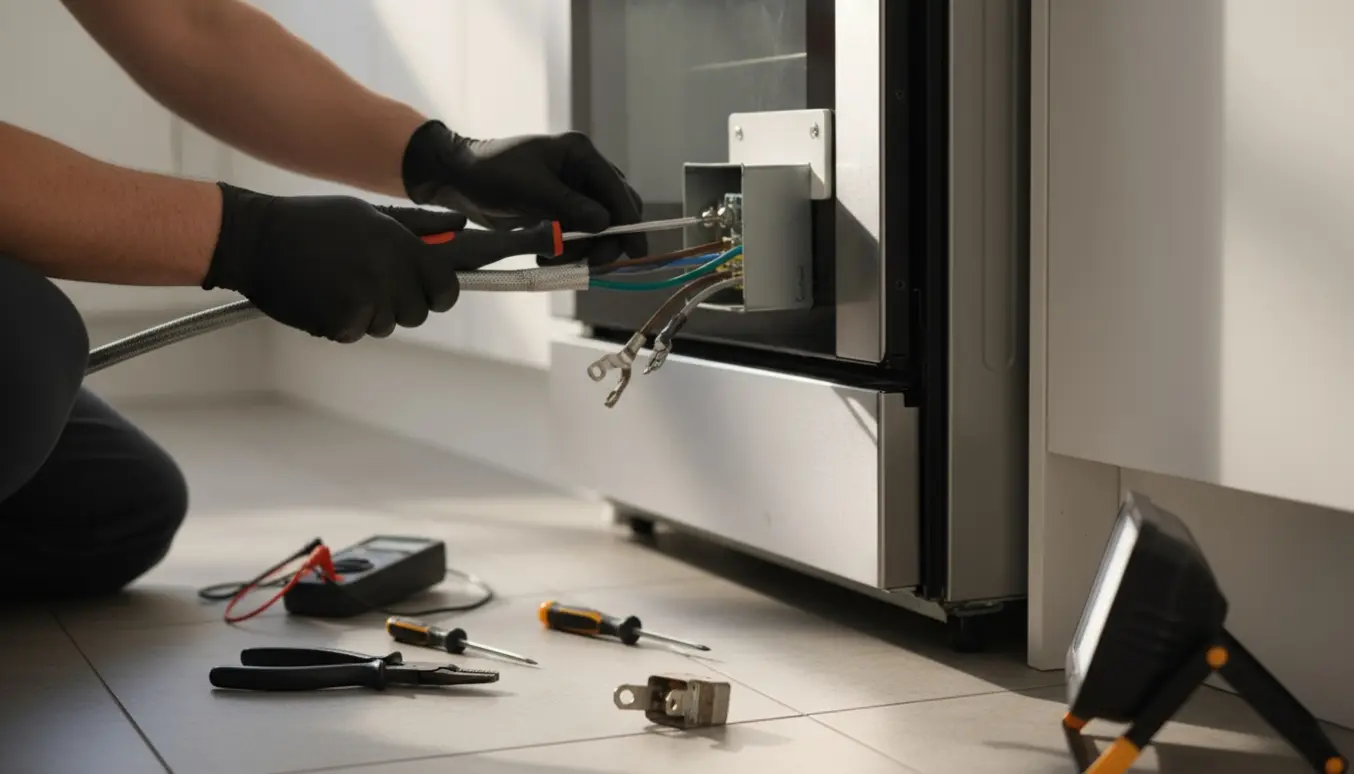 Handskerede hænder udskifter en 5-leder ovnstik bag en let trukket ovn.