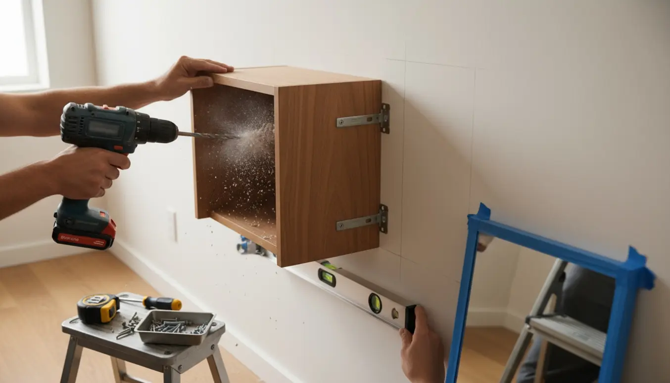 Hænder med en boremaskine monterer et spejl og et lille vægskab på en indvendig væg.