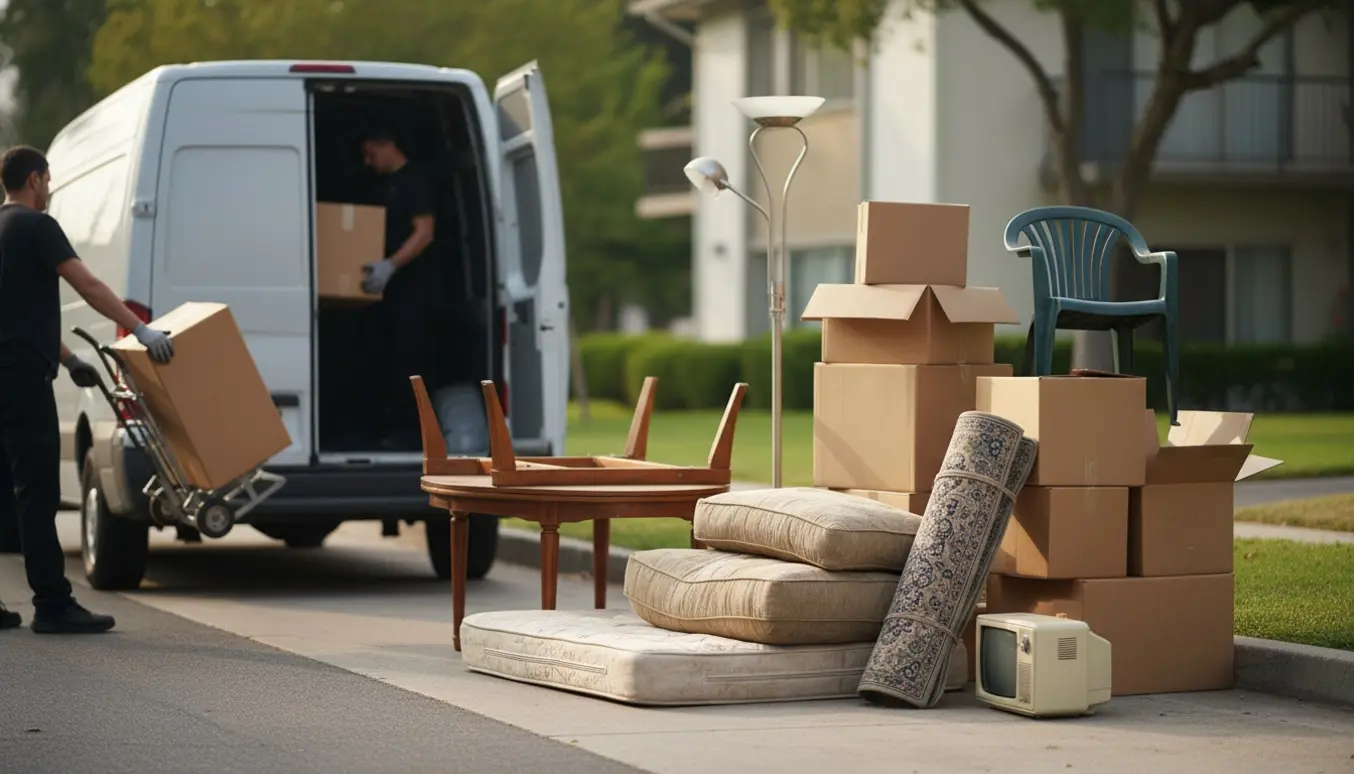 Blandet storskrald fra en flytning ved en åben varevogn, med madrasser, møbler og flyttekasser, hvor hænder læsser ting ind.