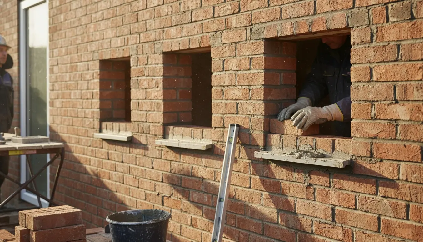 Murer er i gang med at mure fire små vinduer i på 1. sal med frisk mørtel.