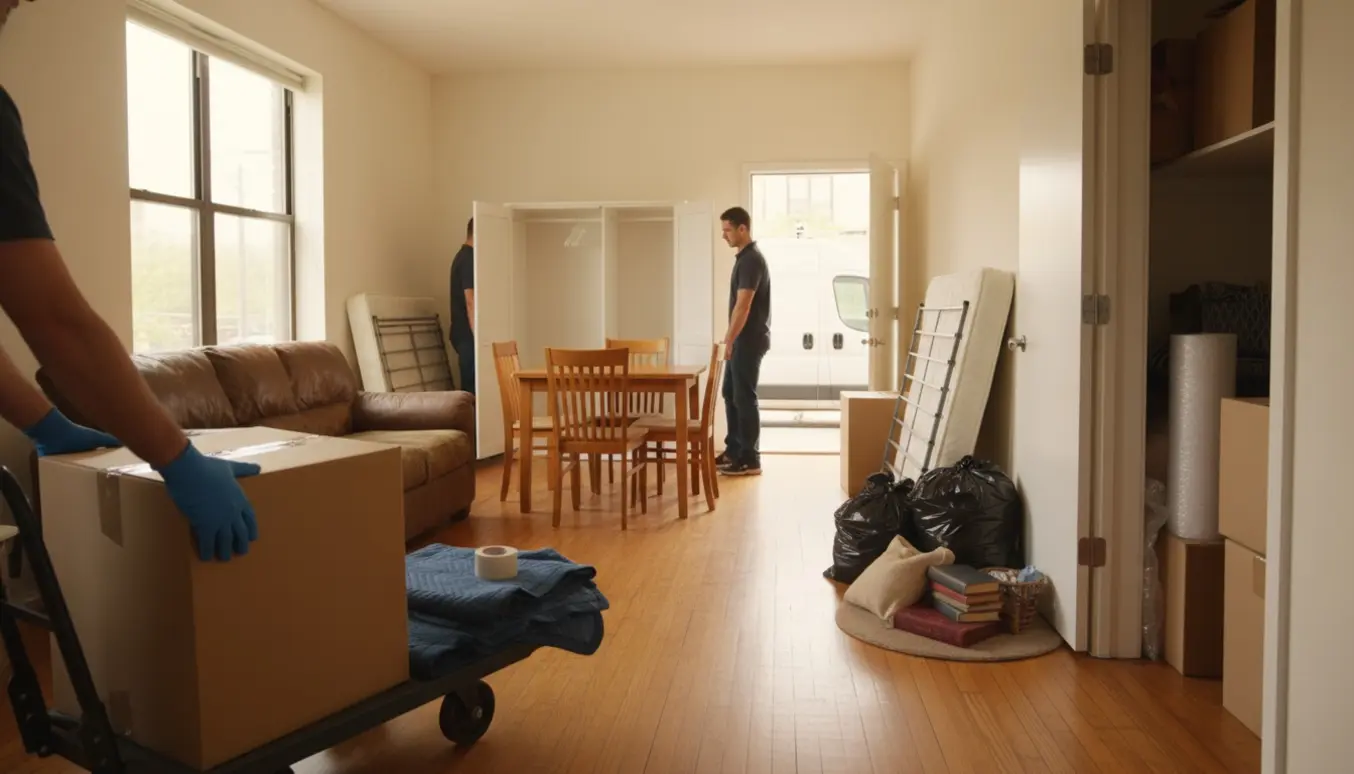 Flyttefolk rydder en lejlighed efter dødsbo med møbler og papkasser, ingen ansigter synlige.