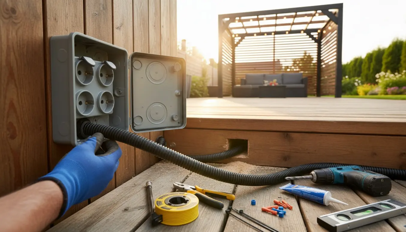 Nærbillede af montering af regntæt udendørsstikkontakt og trækning af strømledning under terrasse mod en pergola.