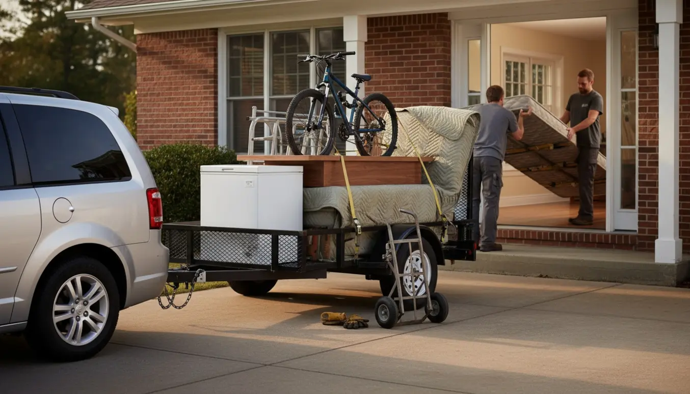 Trailer lastet med en lille fryser, senge, bordplade og cykel uden for en stue, klar til kørsel til genbrugspladsen.