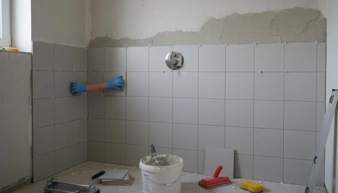 Bruseniche under renovering med 20x20 fliser, værktøj og et nyt krom armatur.