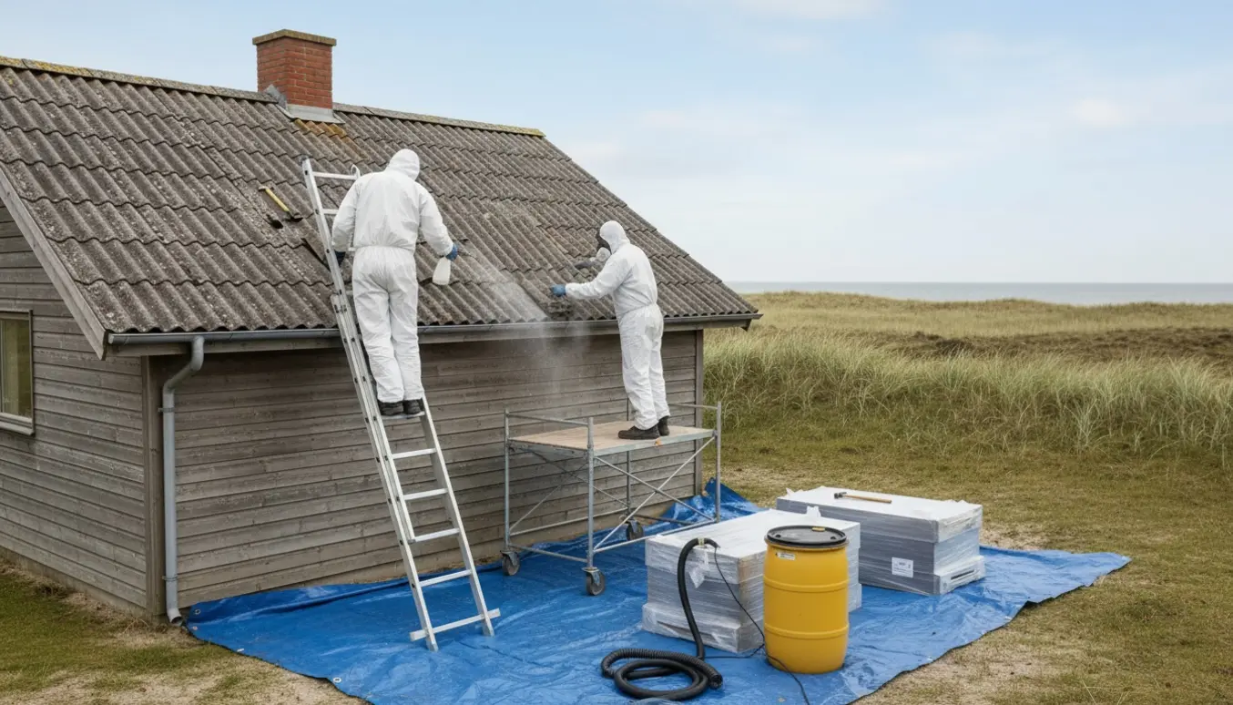 Arbejdere i beskyttelsesdragter fjerner eternit/asbest tagplader fra et sommerhus på Fanø med presenninger og affaldsbeholdere klar.