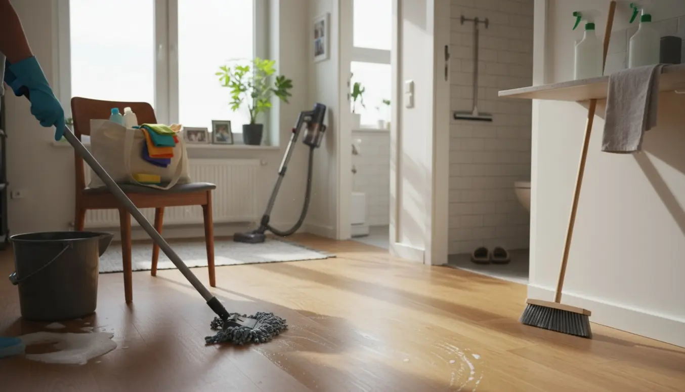 Rengøringsperson mopper et lyst trægulv i en solbeskinnet toværelses lejlighed med åben taske med rengøringsmidler.