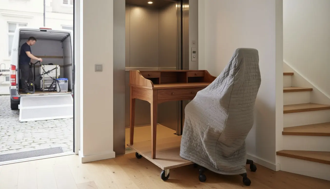 Teak-skrivebord på dolly og indpakket kontorstol i opgang med åben elevator og flyttevogn.