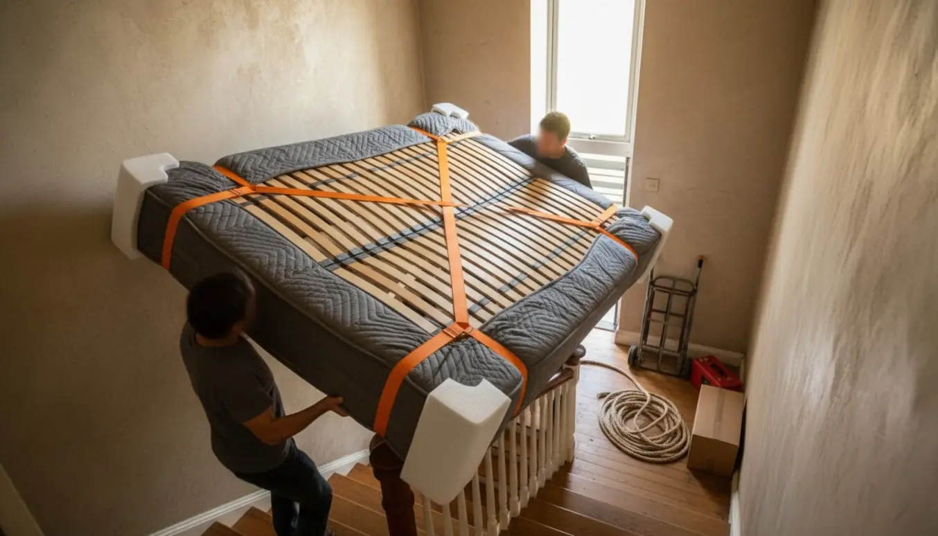 To personer bærer en stor dobbeltseng ned ad en trappe mod en åben flyttevogn.