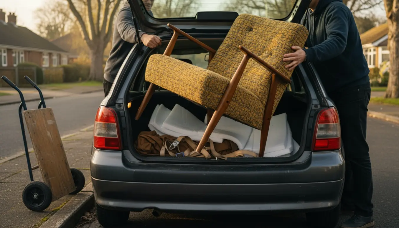 En lænestol bliver forsigtigt løftet ind i bagagerummet på en almindelig personbil, pakket med tæpper og stropper.