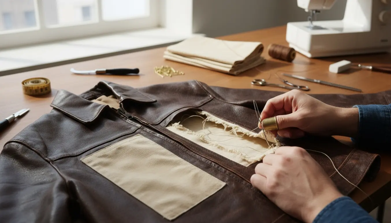 Hænder reparerer to ødelagte stoflommer i en læderjakke på et arbejdsbord.