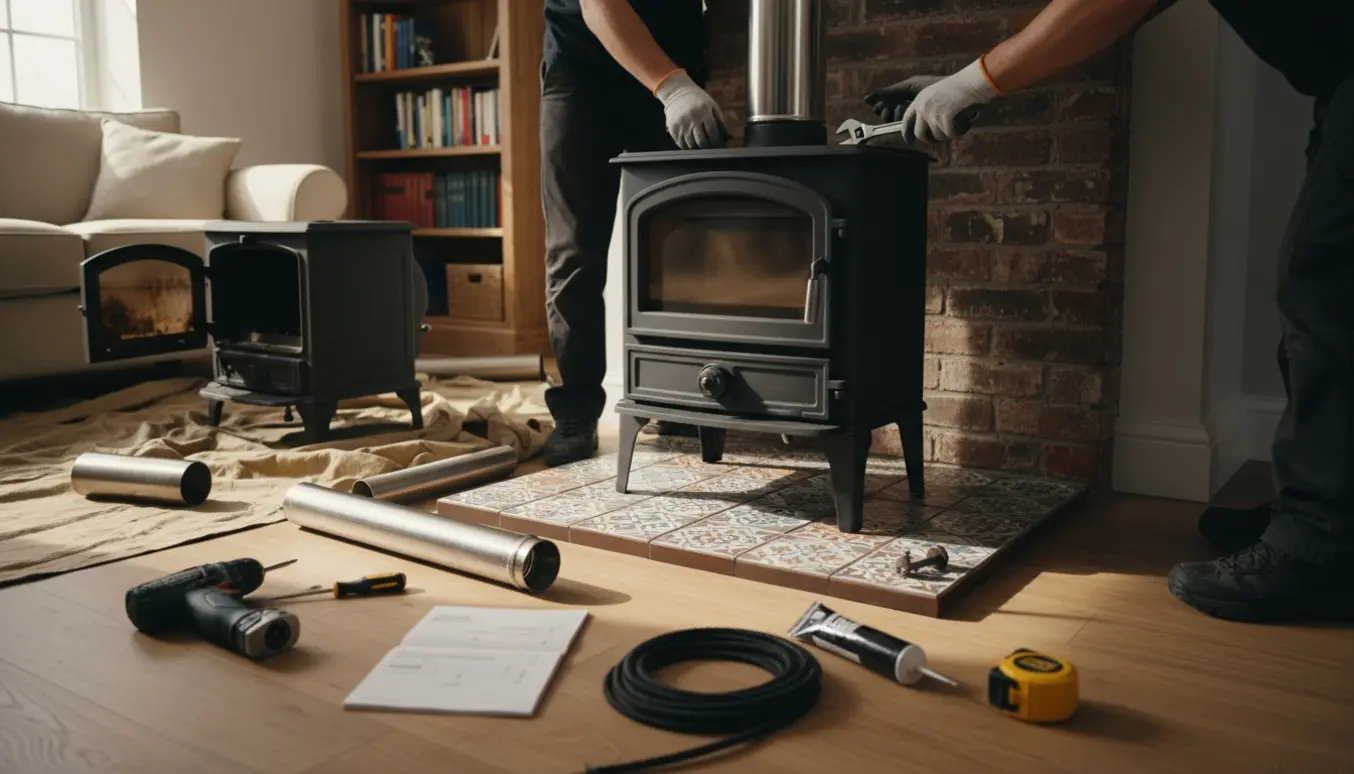 Installatør monterer en ny brændeovn på en flisebelagt brændeovnshalv i en hyggelig stue.