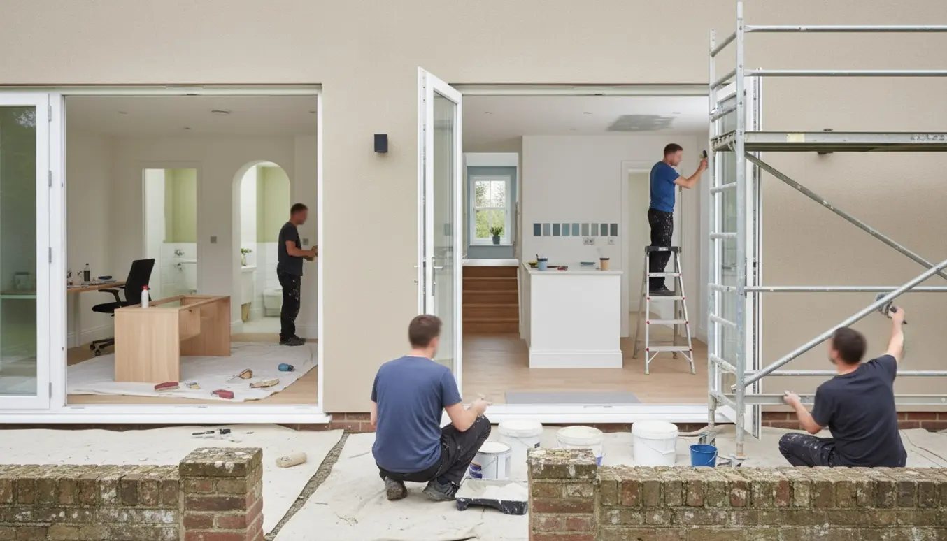 Stillads og malerbøtter ved husfacade, og gennem en åben dør ses malere, der spartler og maler dørkarme, vindueskarme og loft.