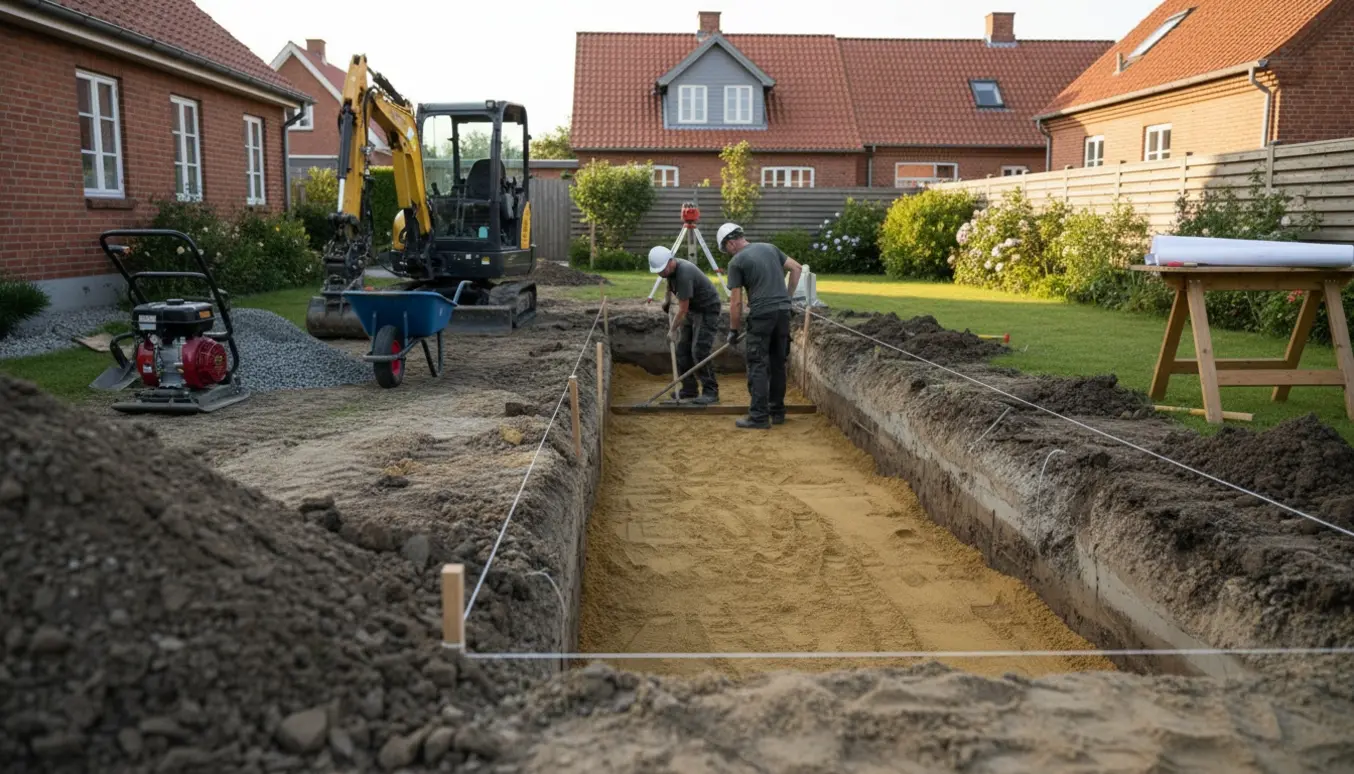 Udgravning og forberedelse af sandpude til tilbygning i en dansk baghave med gravemaskine og værktøj.