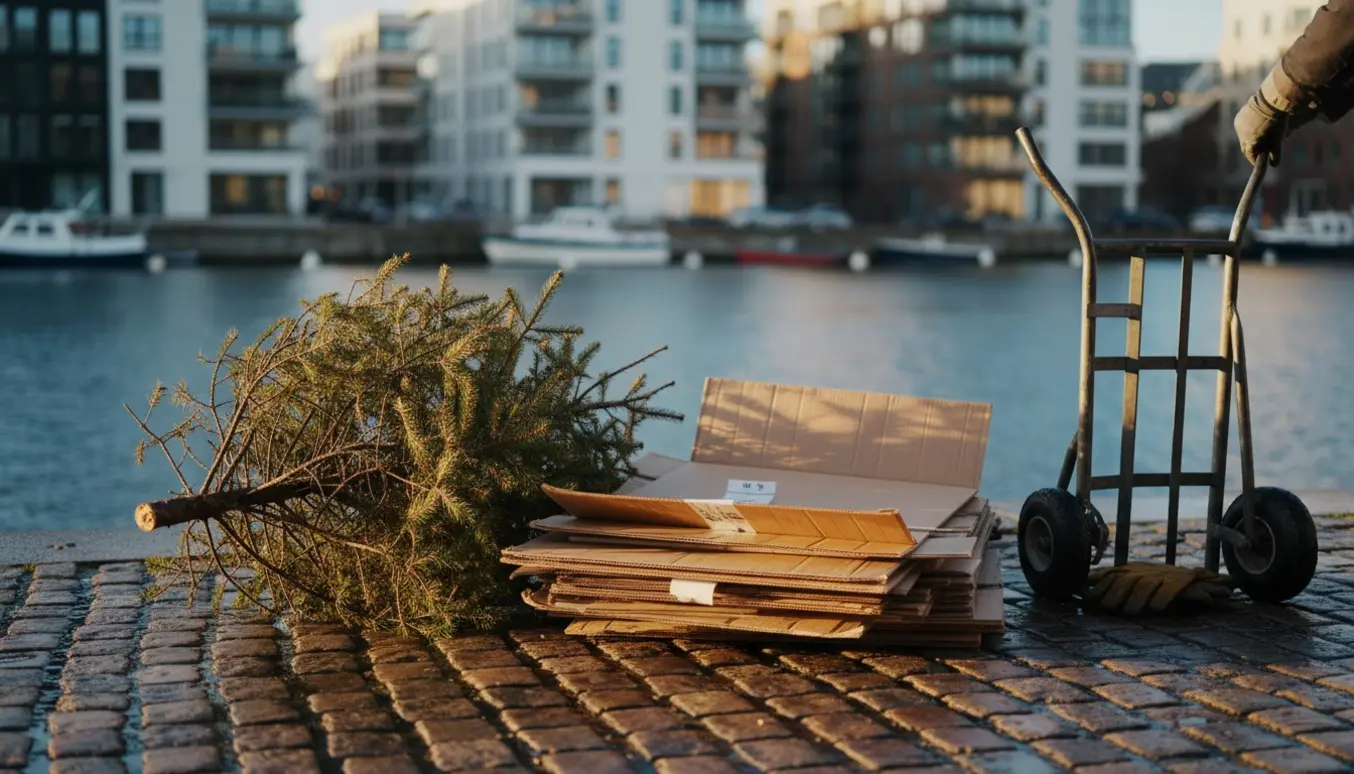 Sammenklappet pap og et kasseret juletræ ved kajkanten, klar til afhentning.